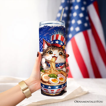 Kawaii Patriotic Ramen Maine Coon Cat 20oz Personalized Tumbler With Lid and Stainless Steel Straw, Japanese Anime Gift Cup Tumbler OrnamentallyYou 