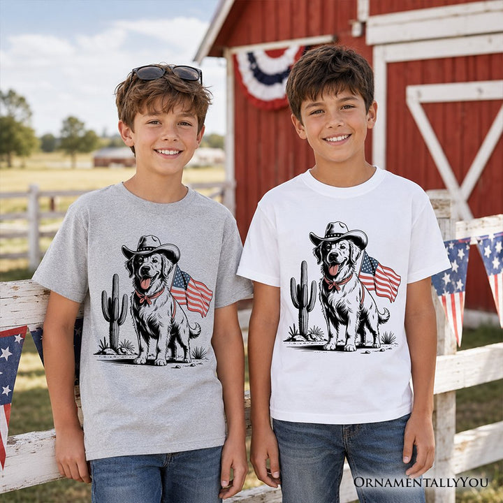 Kids American Cowboy Dog T-Shirt, Western Youth 4th of July Tee for Pet Lovers Kid's T-Shirts OrnamentallyYou 
