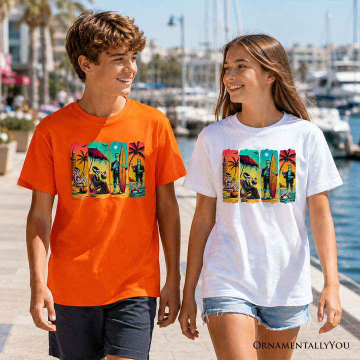 Kids Frankenstein's Beach Vacation T-Shirt, Retro Neon Surf Style Tee for Horror Youth Fans with Summer Vibes
