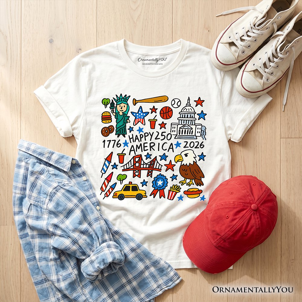 Kids Happy 250 America Doodle T-Shirt, Youth Patriotic USA 1776-2026 250th Anniversary Tee Kid's T-Shirts OrnamentallyYou White XS 