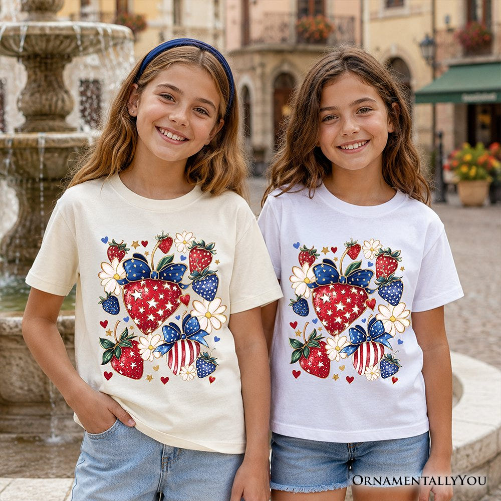 Kids Patriotic Boho Strawberries Bouquet T-Shirt, Youth 4th of July Festive Patch Tee Kid's T-Shirts OrnamentallyYou 