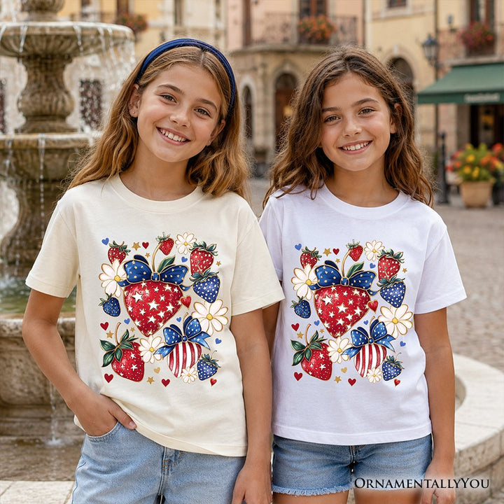 Kids Patriotic Boho Strawberries Bouquet T-Shirt, Youth 4th of July Festive Patch Tee Kid's T-Shirts OrnamentallyYou 