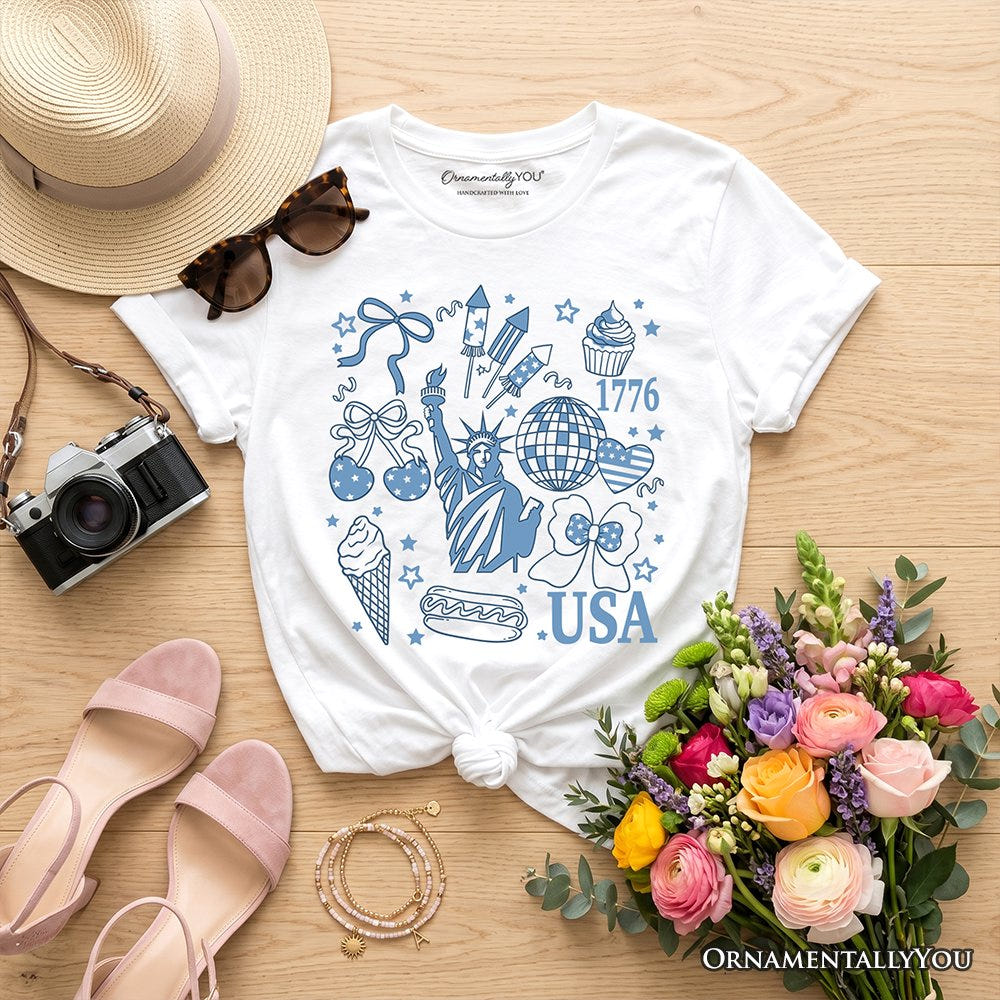 Kids USA Liberty Retro Coquette T-Shirt, Youth 1776 Patriotic 4th of July Tee Kid's T-Shirts OrnamentallyYou White XS 
