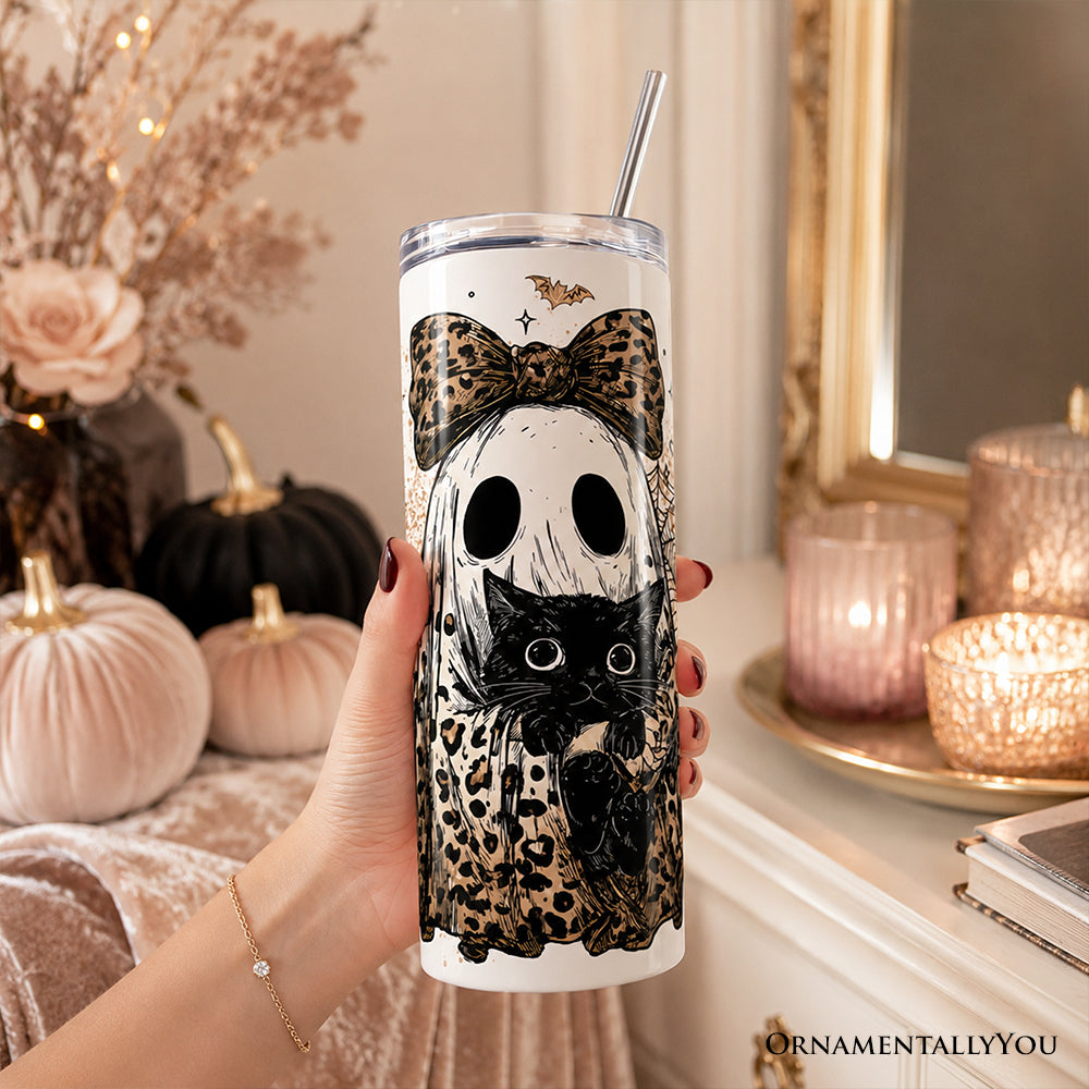 Leopard Ghost With Black Cat 20oz Personalized Tumbler With Lid and Stainless Steel Straw, Coquette Halloween Gift Cup