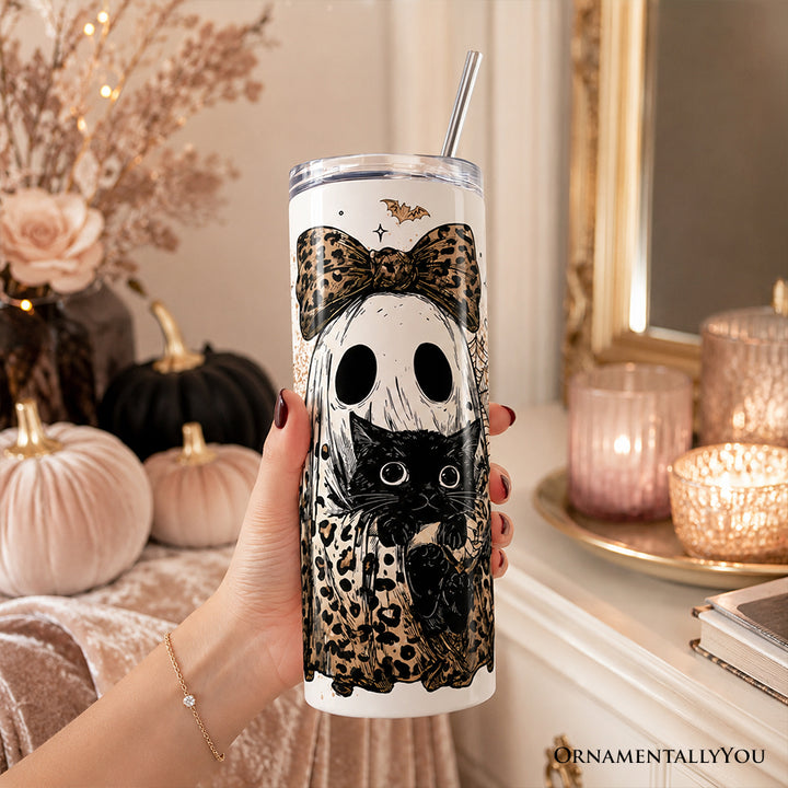 Leopard Ghost With Black Cat 20oz Personalized Tumbler With Lid and Stainless Steel Straw, Coquette Halloween Gift Cup