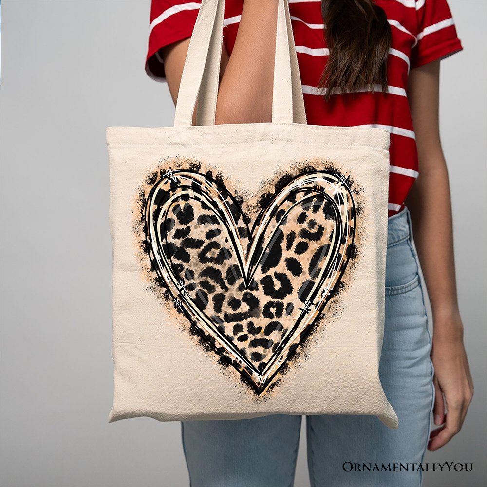 Leopard Heart Valentine Canvas Tote Bag, Love Design Shopper Tote Bag OrnamentallyYou 