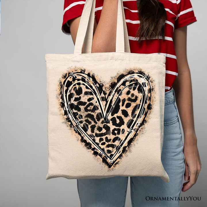 Leopard Heart Valentine Canvas Tote Bag, Love Design Shopper Tote Bag OrnamentallyYou 