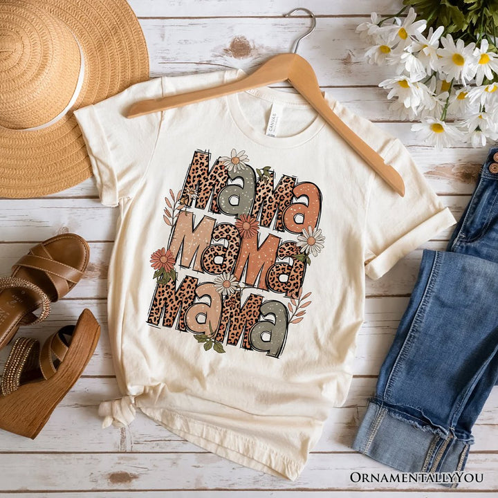 Leopard Mama Floral Retro T-Shirt, White and Natural Trendy Women's Tee with Wildflower Accents T-Shirts OrnamentallyYou Natural XS 