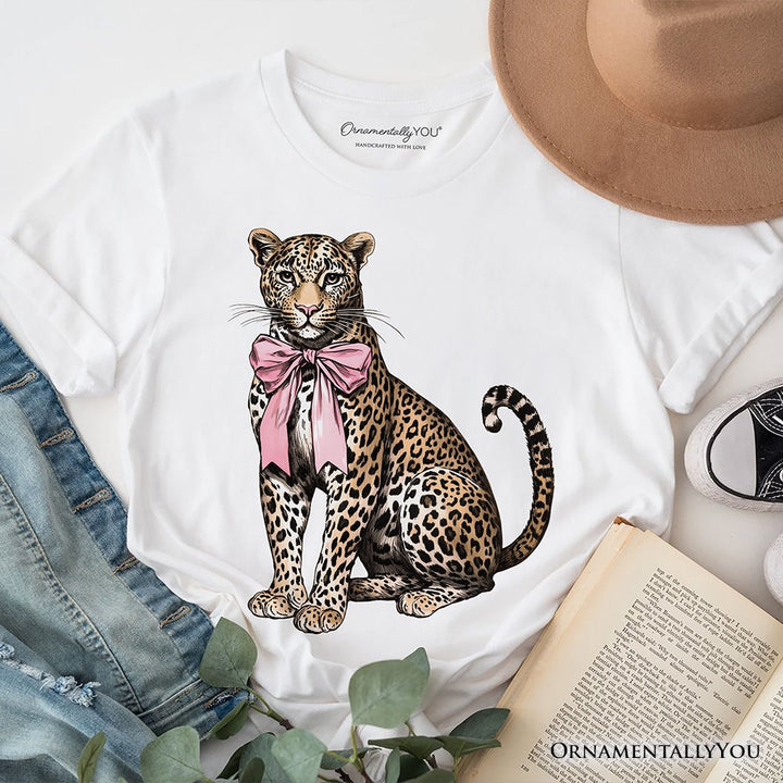 Leopard With Coquette Bow T-Shirt, Animal Trendy Preppy Tee T-Shirts OrnamentallyYou White XS 