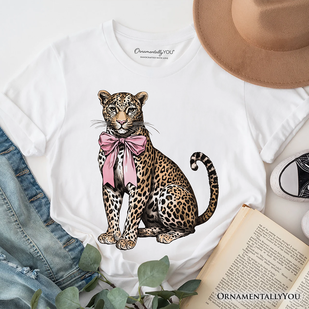 Leopard With Coquette Bow T-Shirt, Animal Trendy Preppy Tee
