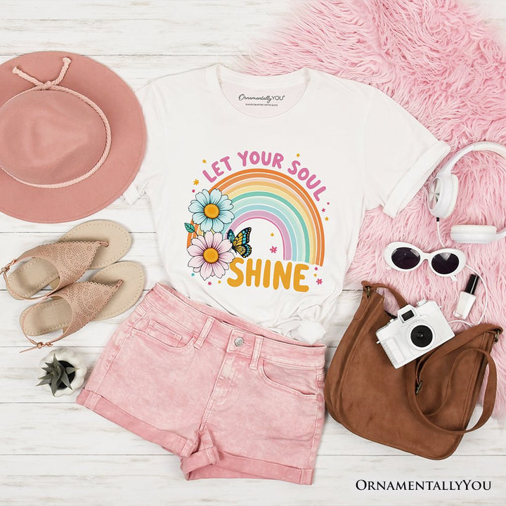 Let Your Soul Shine Rainbow T-Shirt, Retro Pastel Floral Feel Good Tee T-Shirts OrnamentallyYou White XS 