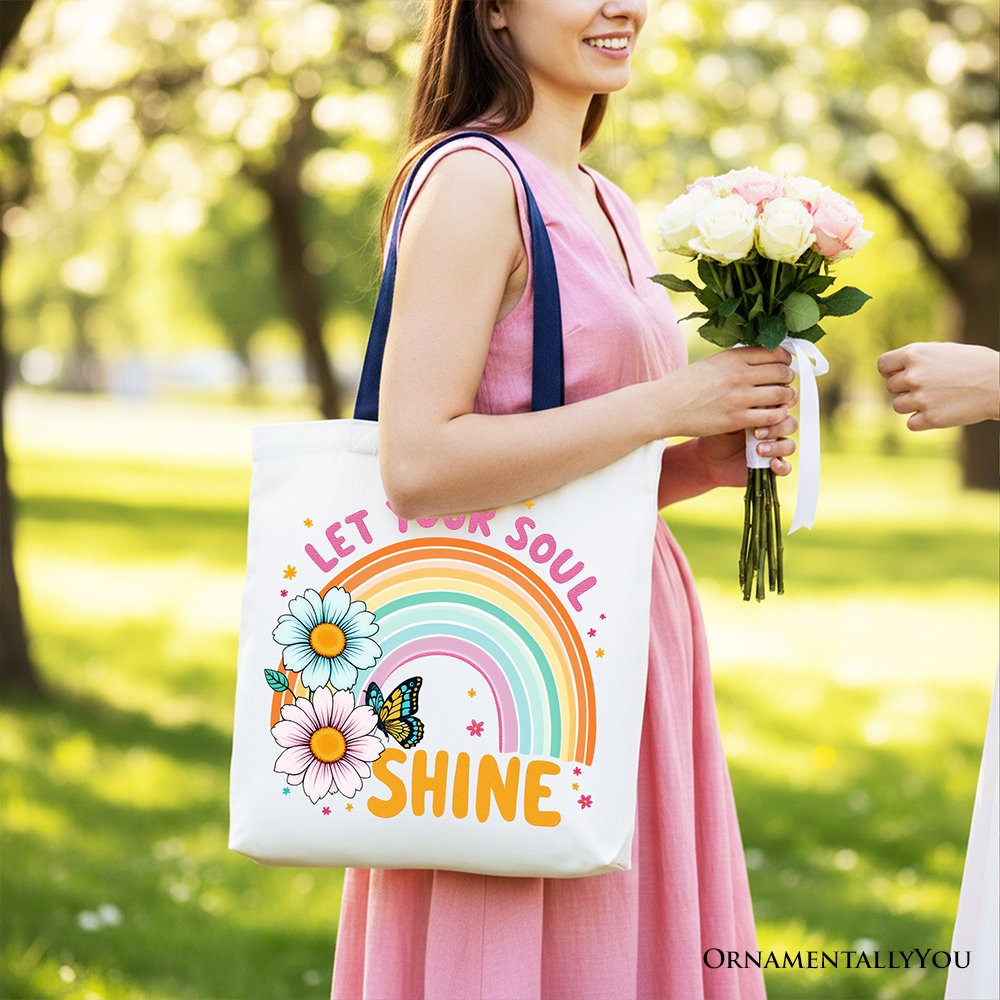 Let Your Soul Shine Rainbow Tote Bag, Retro Pastel Floral Feel Good Gift Shopper Tote Bag OrnamentallyYou 