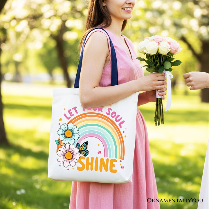 Let Your Soul Shine Rainbow Tote Bag, Retro Pastel Floral Feel Good Gift Shopper Tote Bag OrnamentallyYou 