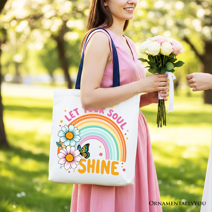 Let Your Soul Shine Rainbow Tote Bag, Retro Pastel Floral Feel Good Gift Shopper