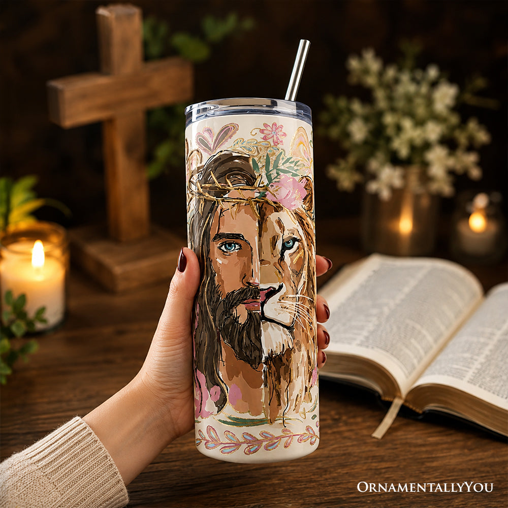 Lion of Judah Christian 20oz Personalized Tumbler With Lid and Stainless Steel Straw, Floral Jesus Religious Faith Gift Cup