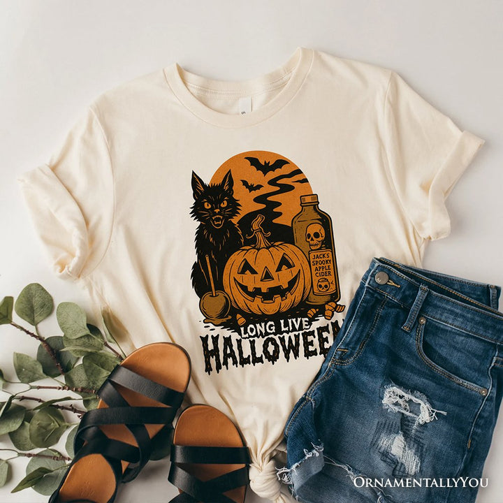 Long Live Halloween T-Shirt, Retro Black Cat Pumpkin Tee for Horror Fans T-Shirts OrnamentallyYou 