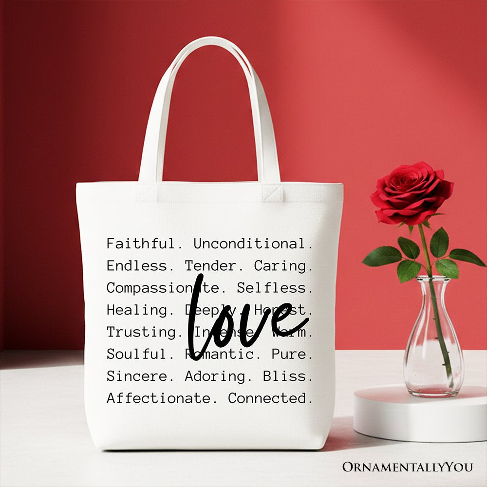 Love Definition Words Canvas Tote Bag, Minimalist Valentine Inspirational Love Gift Shopper Tote Bag OrnamentallyYou White 