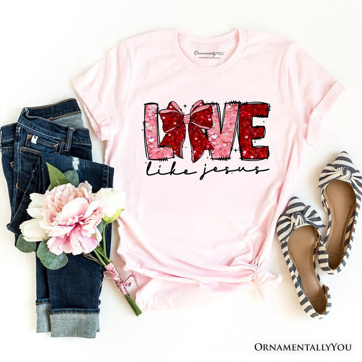 Love Like Jesus Coquette Bow Valentine T-Shirt, Christian Hearts Tee T-Shirts OrnamentallyYou Soft Pink XS 