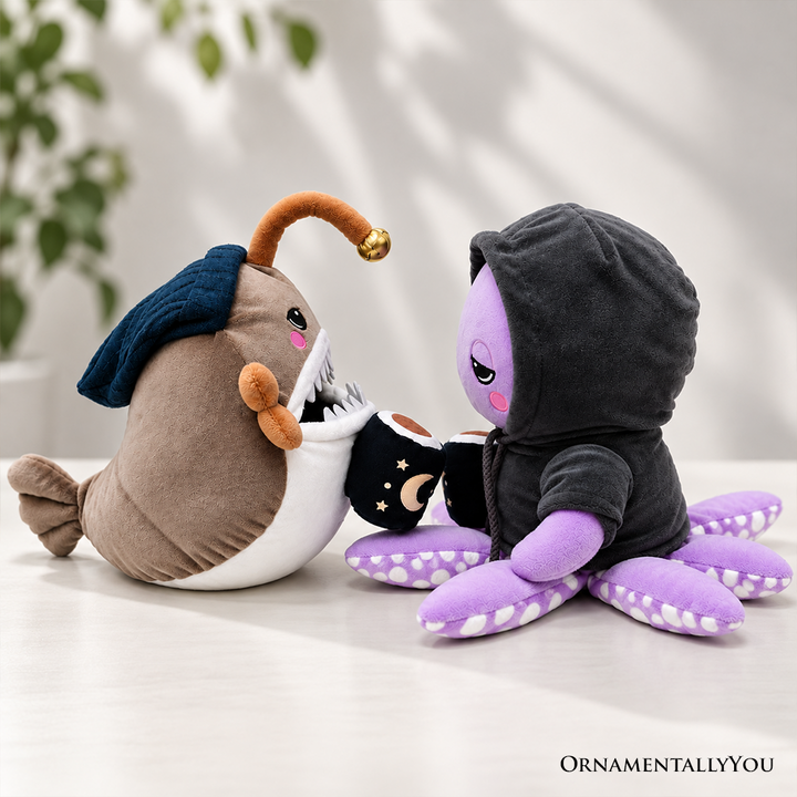 Lumi Anglerfish and Inky Octopus Plush Set, 9.7" Deep Sea Stuffed Animal Friends with Cocoa Mugs