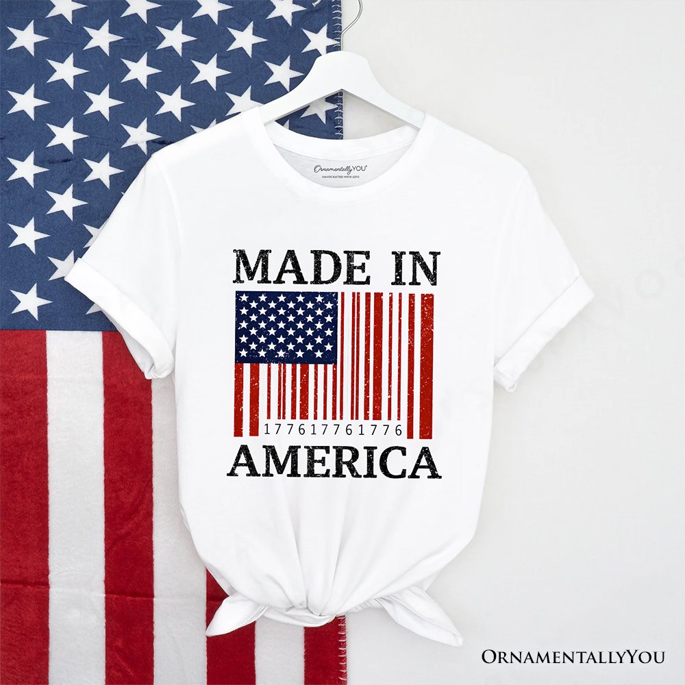 Made In America Bar Code Flag T-Shirt, Patriotic 1776 USA 250th Anniversary Tee T-Shirts OrnamentallyYou White XS 