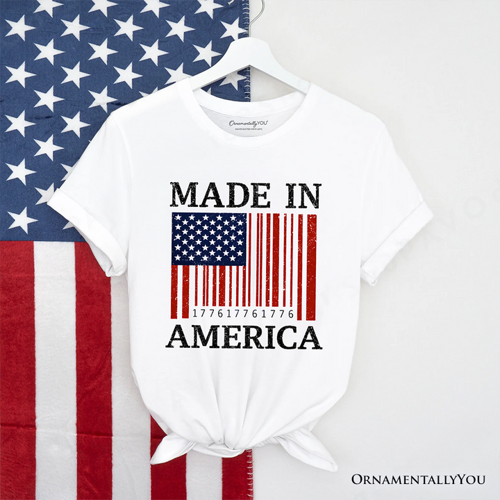 Made In America Bar Code Flag T-Shirt, Patriotic 1776 USA 250th Anniversary Tee