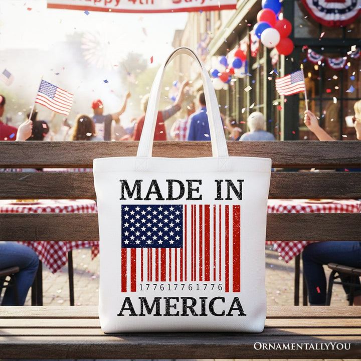Made In America Bar Code Flag Tote Bag, Patriotic 1776 USA 250th Anniversary Gift Shopper Tote Bag OrnamentallyYou White 