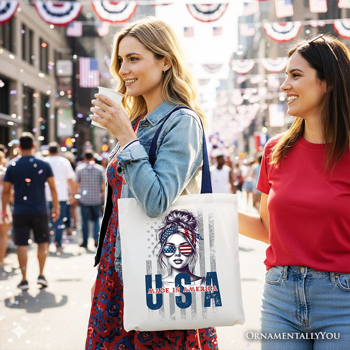 Made in America Messy Bun Tote Bag, Retro 4th of July White Patriotic Gift Shopper Tote Bag OrnamentallyYou 