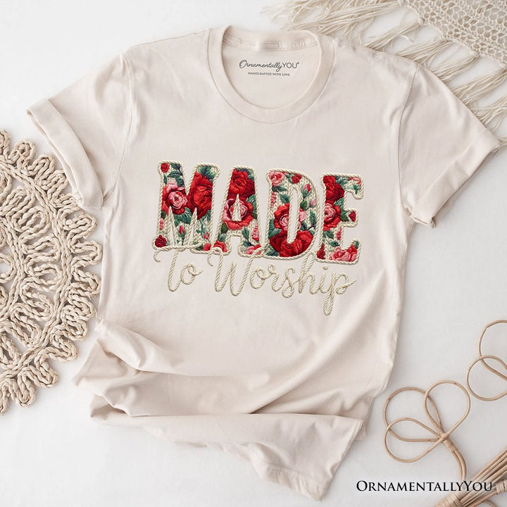 Made to Worship Printed Faux Yarn Crochet Christian T-Shirt, Floral Retro Faith Tee T-Shirts OrnamentallyYou Natural XS 
