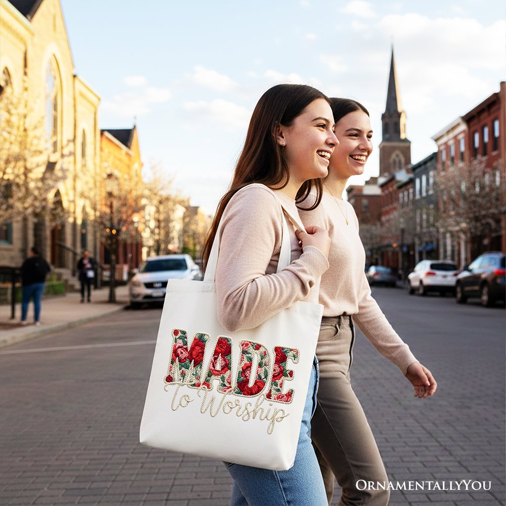 Made to Worship Printed Faux Yarn Crochet Christian Tote Bag, Floral Retro Faith Gift Shopper Tote Bag OrnamentallyYou 