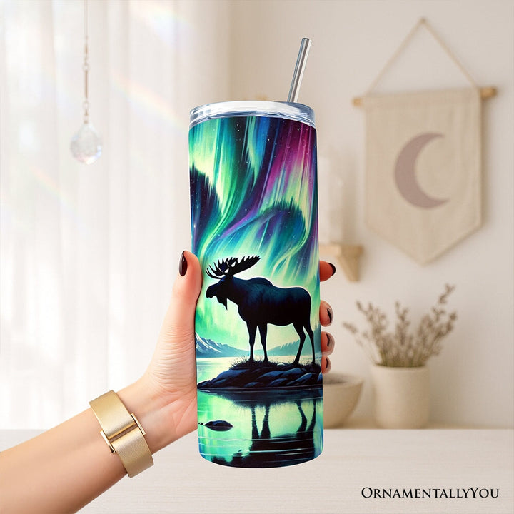 Majestic Moose Under Northern Lights 20oz Personalized Tumbler With Lid and Stainless Steel Straw, Enchanted Christmas Gift Cup Tumbler OrnamentallyYou 
