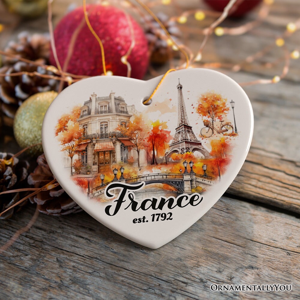 Majestic Vintage Fall Themed France Christmas Ornament, French Souvenir with Watercolor Eiffel Tower Painting Ceramic Ornament OrnamentallyYou 