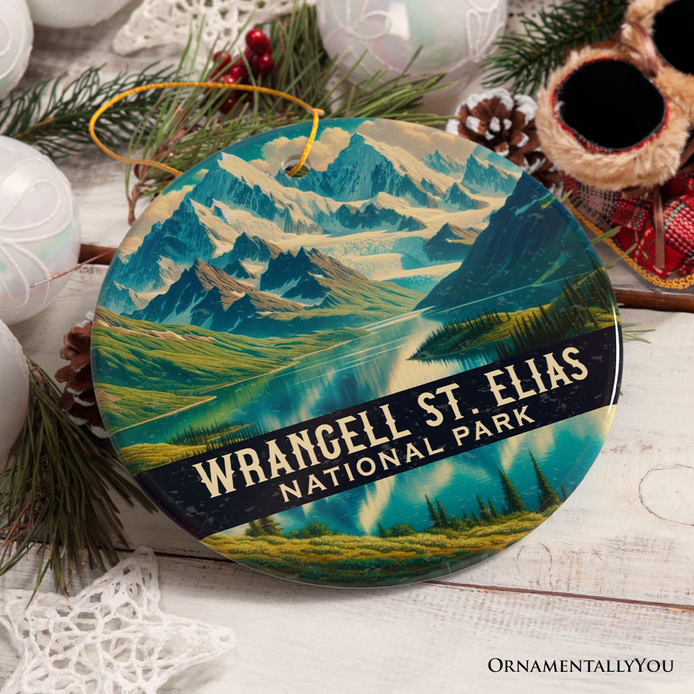 Majestic Wrangell St Elias National Park Ornament, Alaska Glacial Mountain Lake Christmas Gift and Wilderness Adventure Keepsake