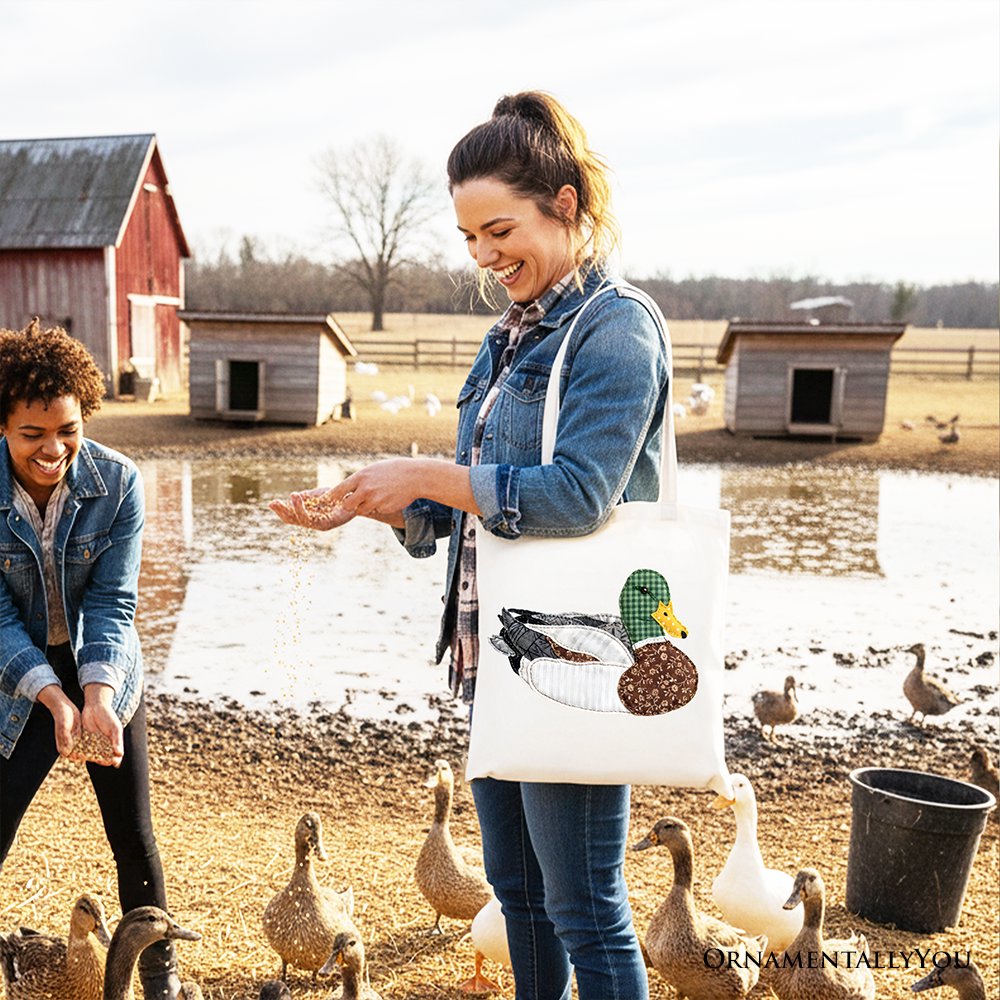 Mallard Duck Printed Faux Patchwork Tote Bag, Hunting Outdoors Gift Shopper Tote Bag OrnamentallyYou 