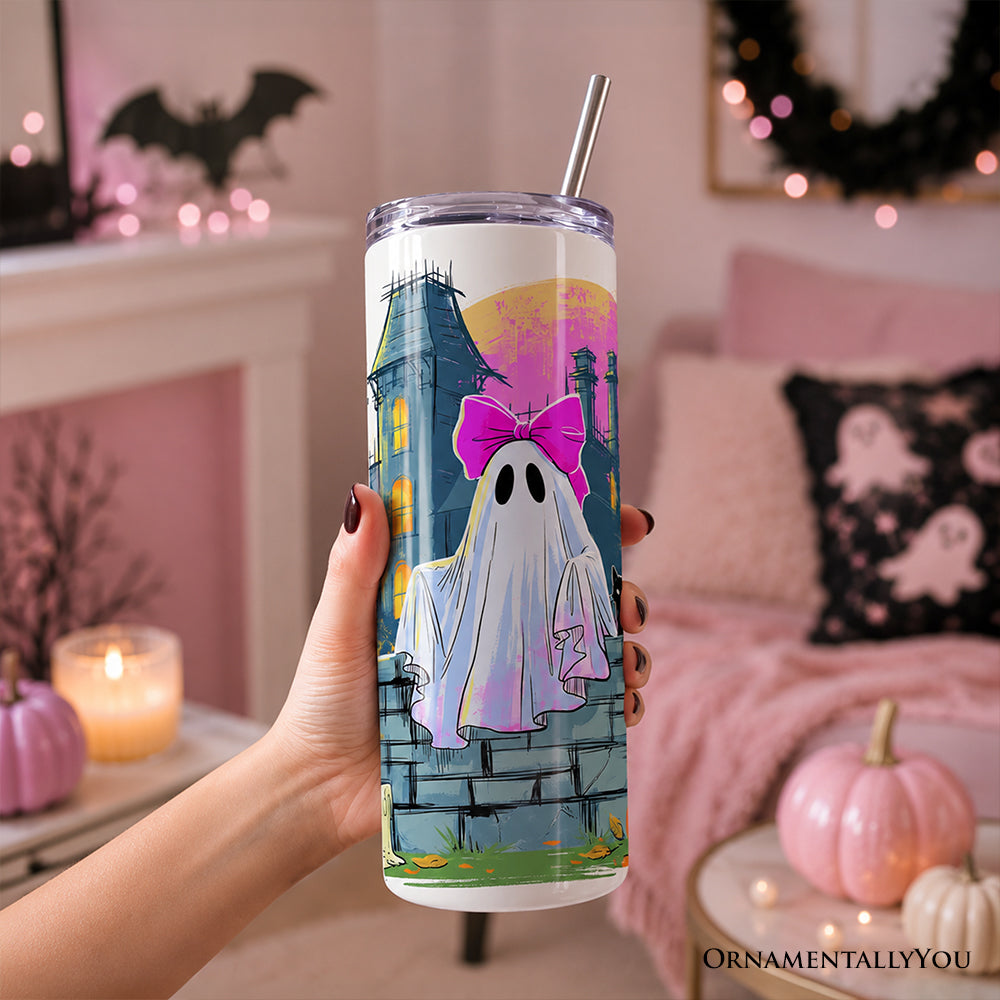 Mentally I Am Here Ghost 20oz Personalized Tumbler With Lid and Stainless Steel Straw, Pink Bow Haunted House Halloween Gift Cup