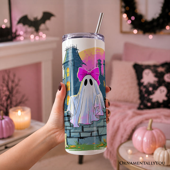 Mentally I Am Here Ghost 20oz Personalized Tumbler With Lid and Stainless Steel Straw, Pink Bow Haunted House Halloween Gift Cup