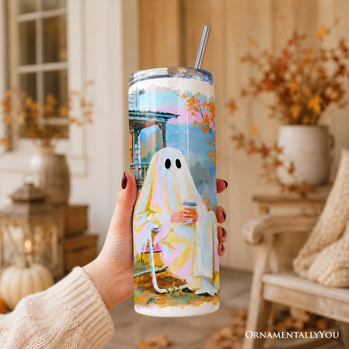 Mentally I'm Here Ghost 20oz Personalized Tumbler With Lid and Stainless Steel Straw, Cozy Fall Halloween Cabin Gift Cup
