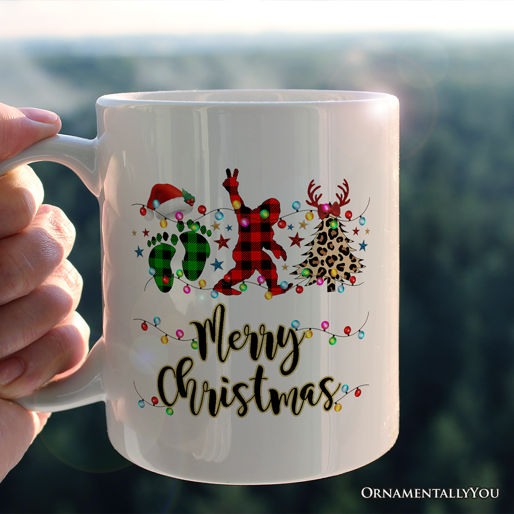 Personalized Mug Bigfoot Buffalo Plaid Christmas, Sasquatch Holiday Decoration