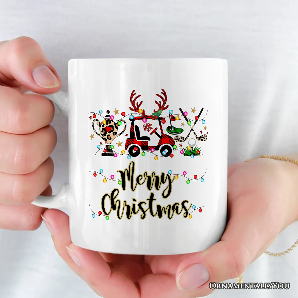 Personalized Mug Golf Buffalo Plaid Christmas, Golf Cart, Putter and Trophy Golfing Gift