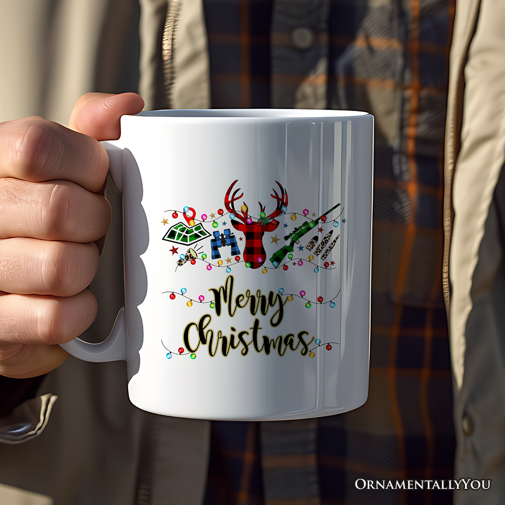 Personalized Mug Buffalo Plaid Hunting Theme Christmas, Hunter Gift, Red and Green Deer and Gun