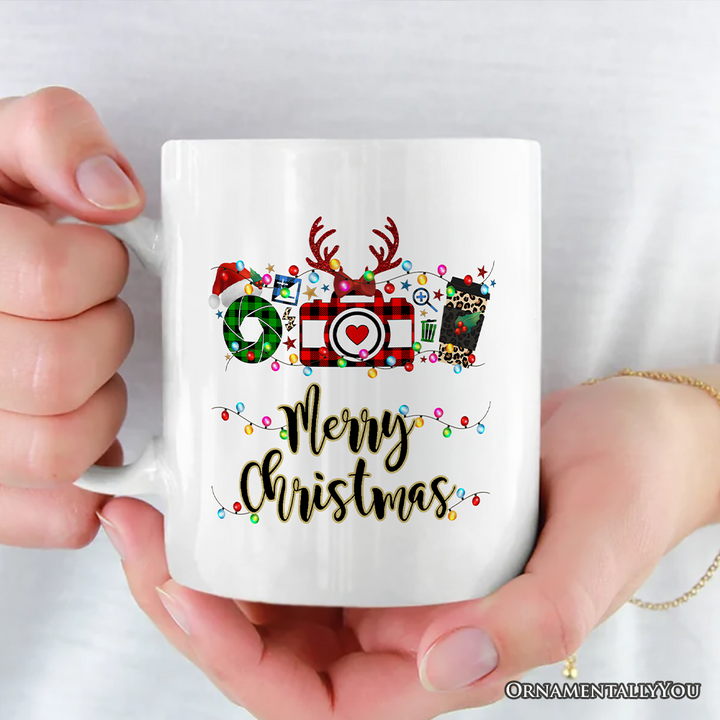 Personalized Mug Photographer Buffalo Plaid Christmas, Photography Accessories like Camera, Holiday Gift