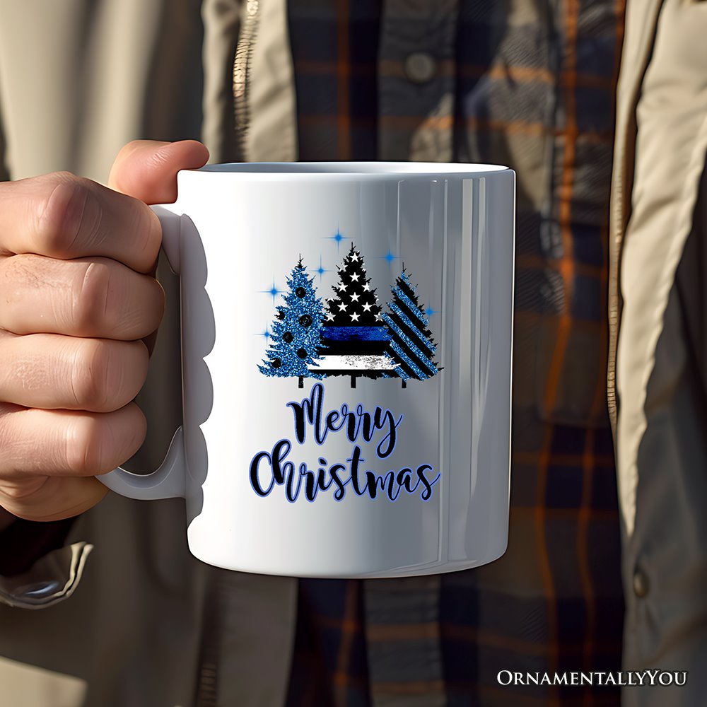 Personalized Mug Police Officer Back The Blue Christmas Trees, Retirement Gift Personalized Ceramic Mug OrnamentallyYou 