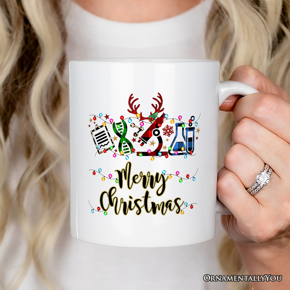 Personalized Mug Science Buffalo Plaid Christmas, Gift for Scientist or Researcher, Lab Tools like Flasks and Microscope