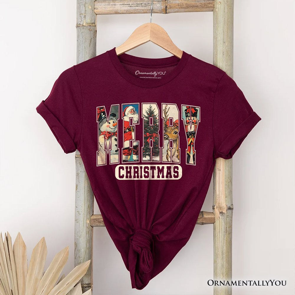 Merry Christmas Vintage T‑Shirt, Santa Tree Reindeer Snowman Nutcracker Tee T-Shirts OrnamentallyYou Maroon XS 