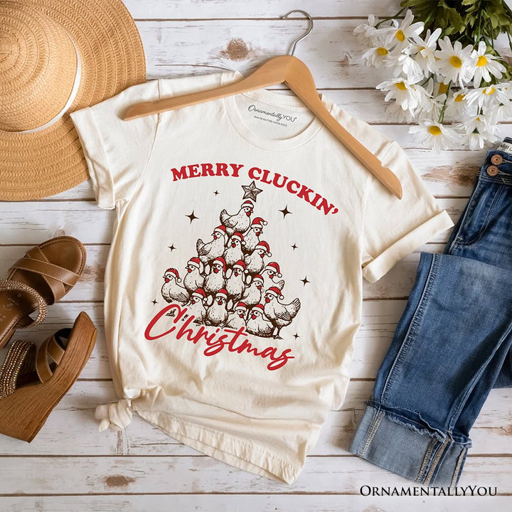 Merry Cluckin' Christmas Tree T‑Shirt, Funny Santa Hat Chicken Farmhouse Tee T-Shirts OrnamentallyYou Natural XS 