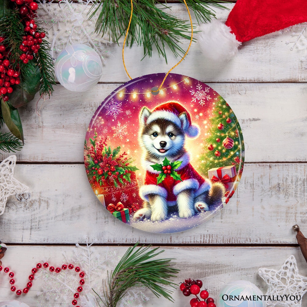 Merry Holly Berry Siberian Husky Ornament, Whimsical Christmas Tree Decor Ceramic Ornament OrnamentallyYou 