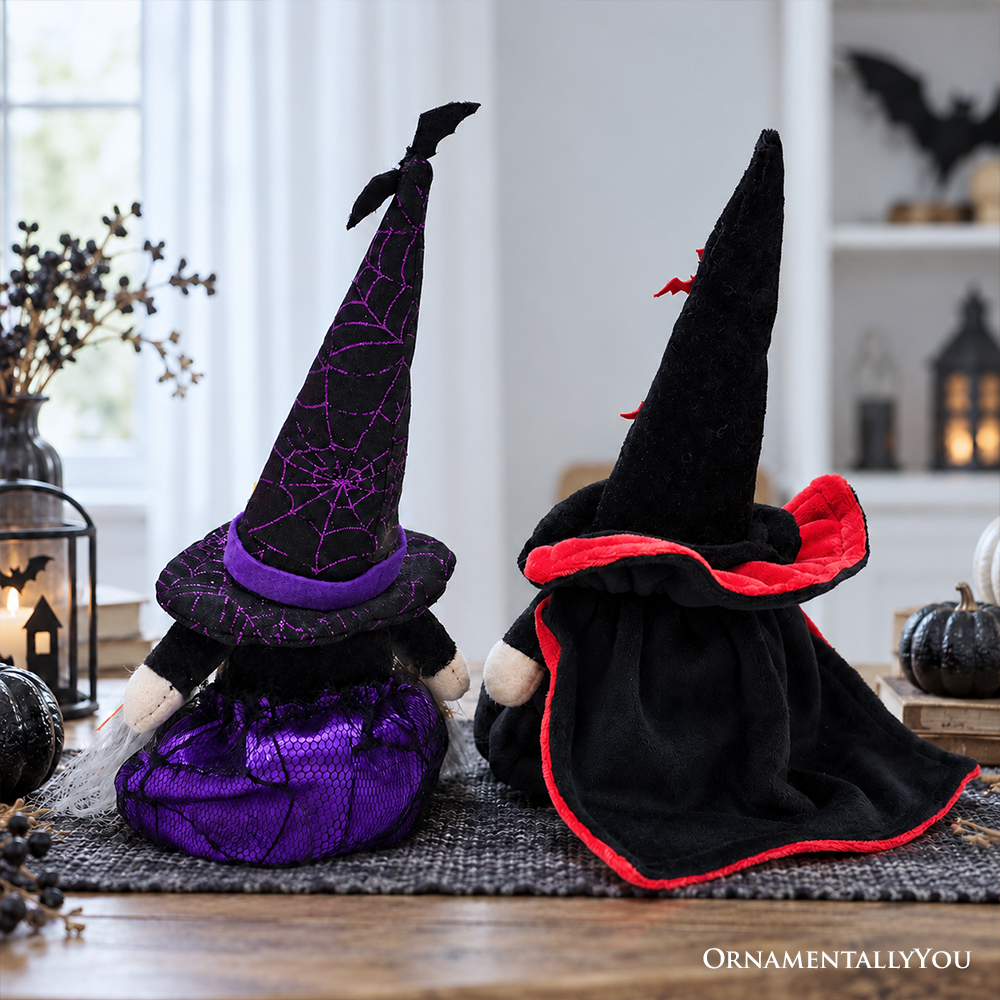 Midnight Magic Plush Gnome Set of 2, Gothic Witch and Vampire 10" Halloween Decor