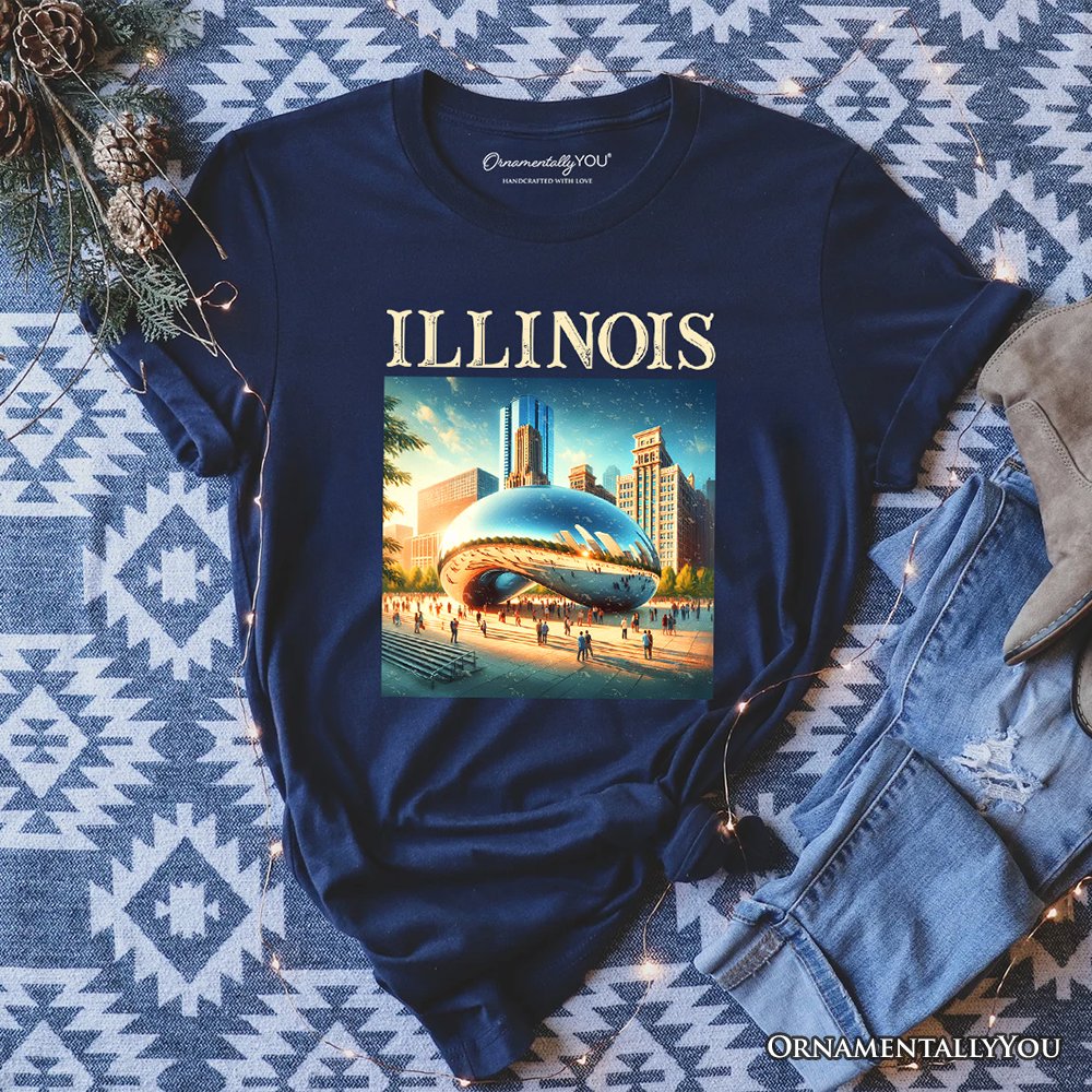 Modern Illinois State Cloud Gate T-Shirt, Iconic Chicago Bean Tee and Urban Landmark Souvenir T-Shirts OrnamentallyYou Navy XS 