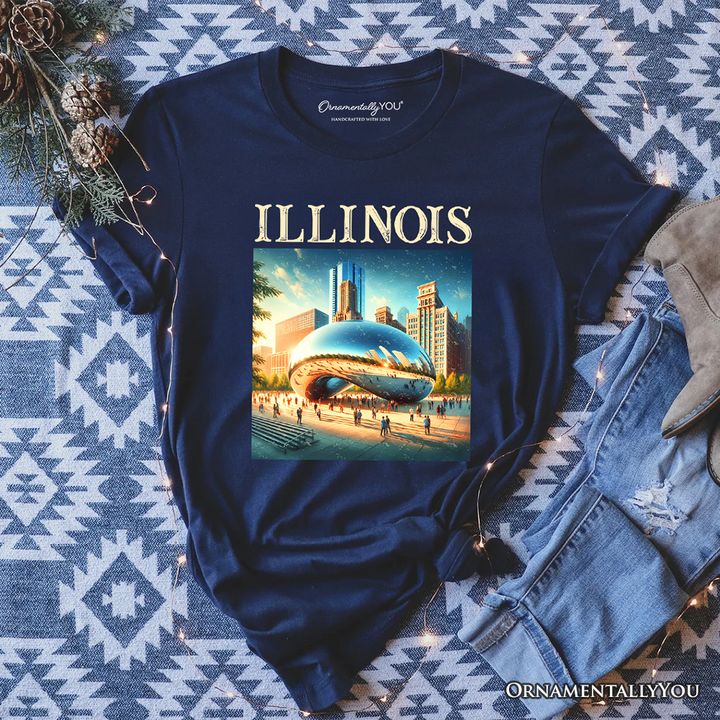 Modern Illinois State Cloud Gate T-Shirt, Iconic Chicago Bean Tee and Urban Landmark Souvenir