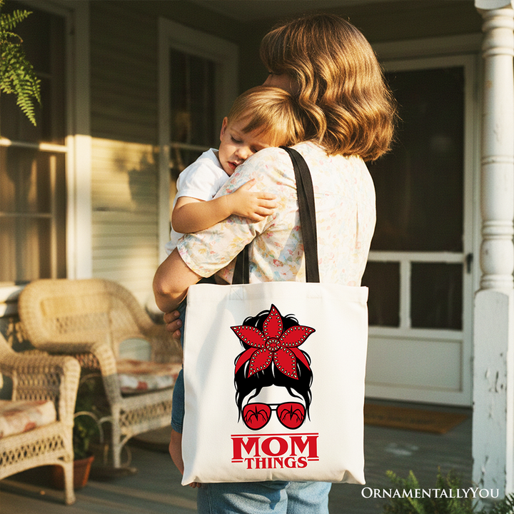 Mom Things Messy Bun Retro Canvas Tote Bag, Red Bandana Glasses Family Matching Gift Shopper