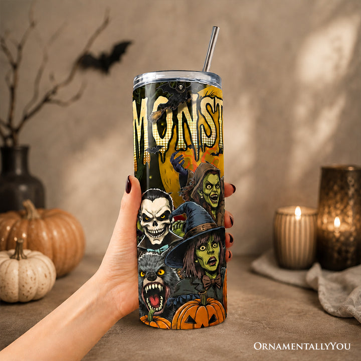 Monster Mash Horror 20oz Personalized Tumbler With Lid and Stainless Steel Straw, Retro Halloween Gift Cup